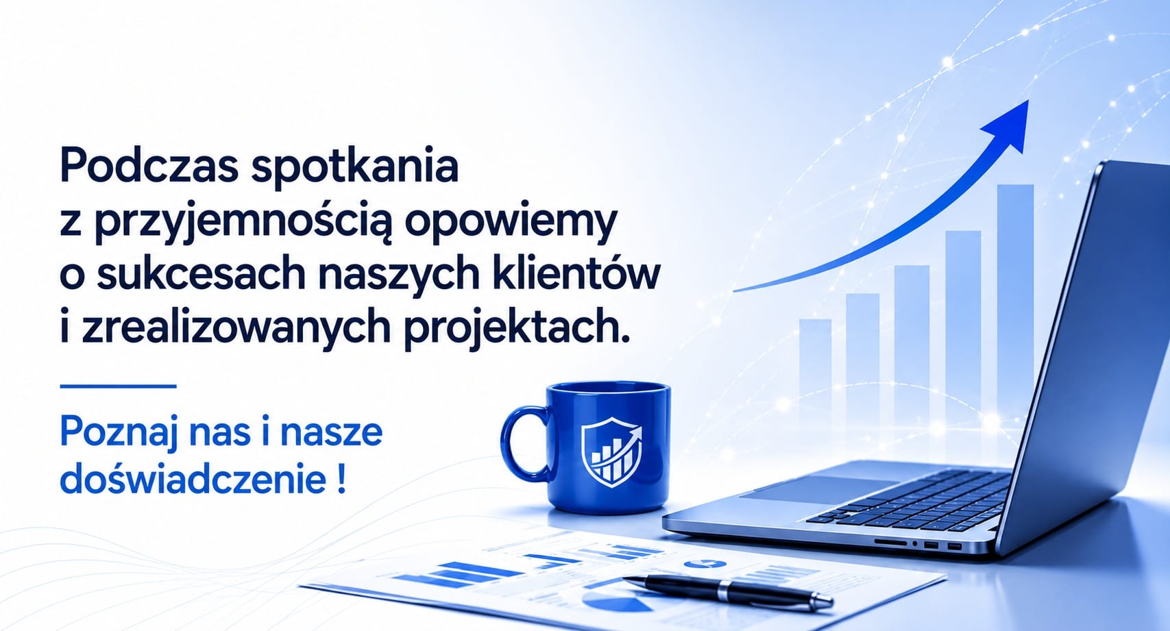 Polish business banner with headline about sharing client successes; blue mug with shield, laptop and charts on a desk.