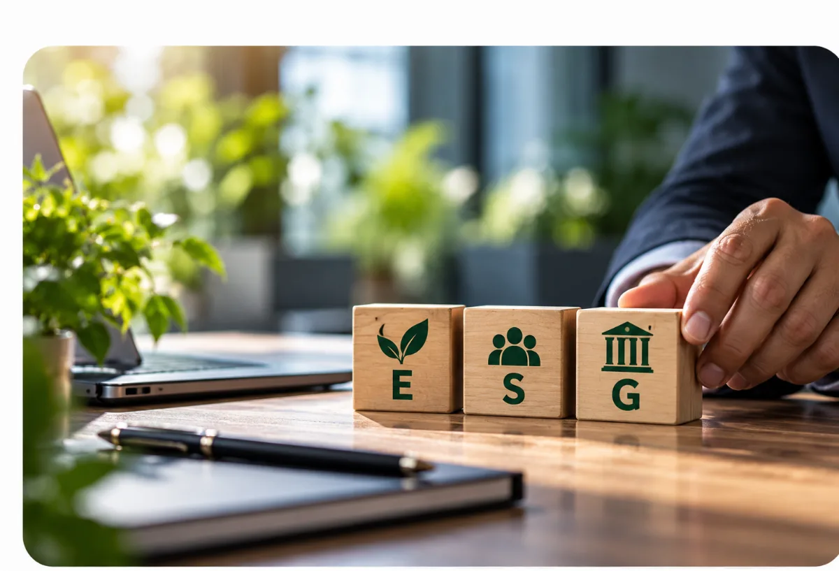 Drewniane klocki z symbolami ESG (środowisko, społeczeństwo, ład korporacyjny) na biurku w nowoczesnym biurze – doradztwo ESG