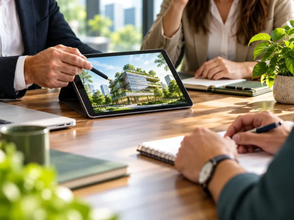 Spotkanie biznesowe nad tabletem z wizualizacją energooszczędnego, zielonego budynku – dotacje na zieloną transformację